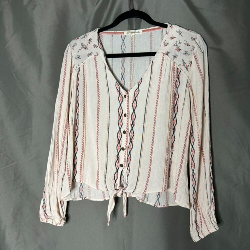 Cream Pink Floral Boho Chic Blouse Sz L Textured Cottagecore Romantic Earth-tone